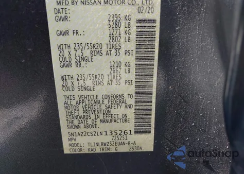 2020 Nissan Murano Sl Intelligent Awd из США, поврежденный, VIN 5N1AZ2CS2LN135261